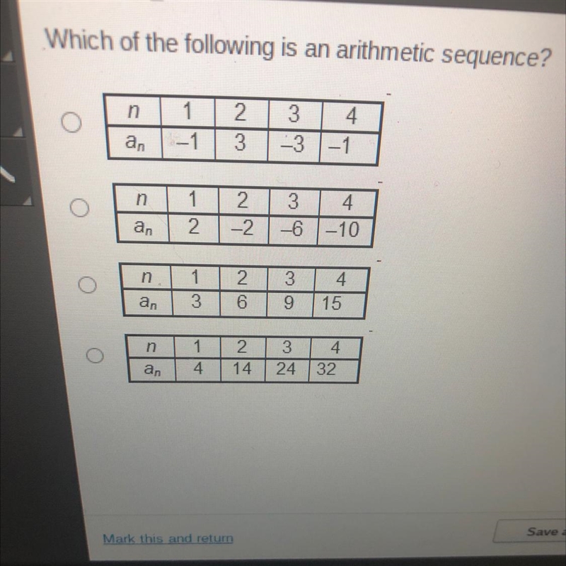 Which of the following is an arithmetic sequence?-example-1