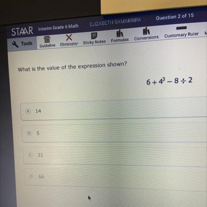 What is the value of the expression shown? 3 6+4-8 divided by 2 A 14 B 5 C 31 D 66-example-1