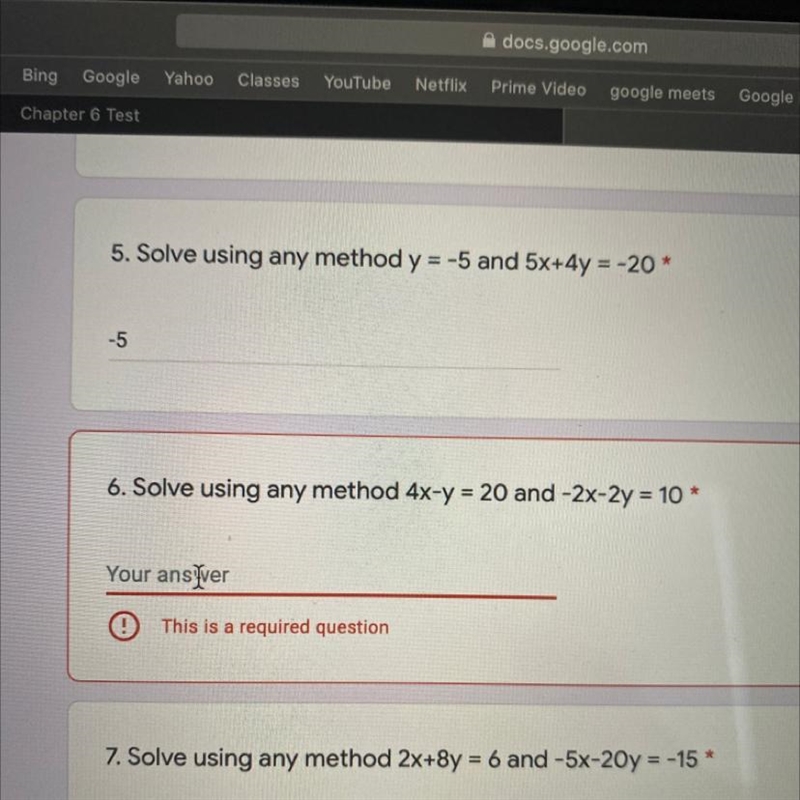 Solve using any method 4x-y=20 and -2x-2y=10-example-1