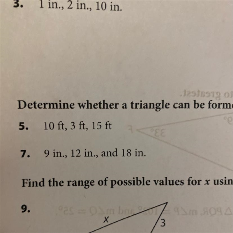 Lang atino Determine whether a triangle can be formed with the 5. 10 ft, 3 ft, 15 ft-example-1