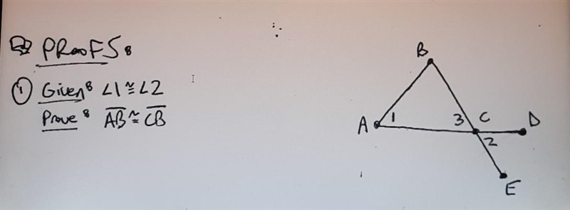 Given: <1 congruent to <2 prove: AB is congruent to CB​-example-1