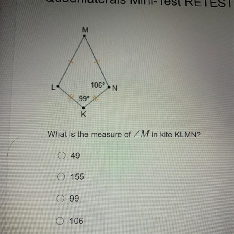 Need ASAP What is the measure of angle m in kite klmn-example-1