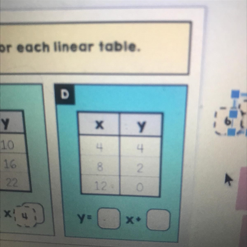 Fill in the missing numbers to write an equation for each linear table. Helppp please-example-1