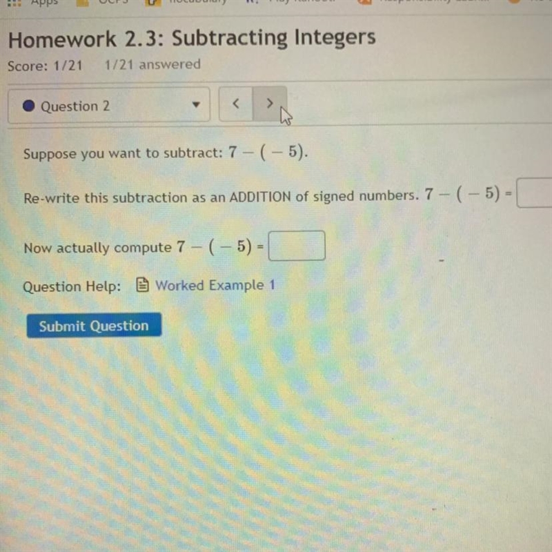 Re-write this subtraction as an ADDITION of signed numbers. 7- (-5) = Now actually-example-1