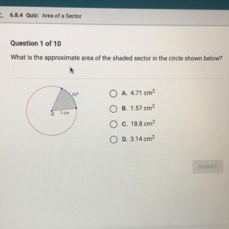 What is the approximate area of the shaded sector in the circle shown below-example-1