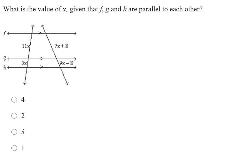 What is the value of x, given that f, g, and h are parallel to each other?-example-1