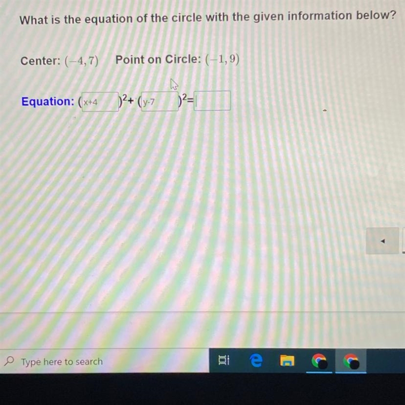 What is the equation of the circle with the given information below? Center: (-4,7) Point-example-1