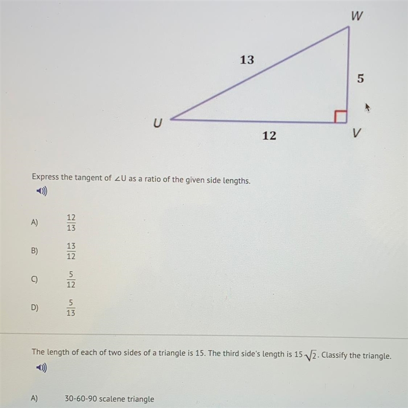 Express the tangent of angle U as a ratio of the given side lengths.-example-1