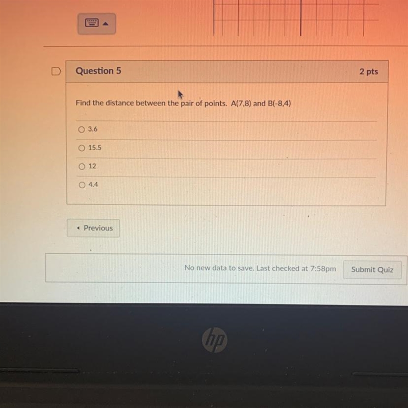 Find the distance between the pair of points A(7,8) B(-8,4)-example-1