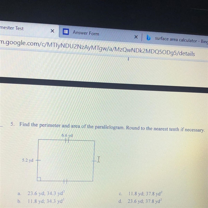 5. Find the perimeter and area of the parallelogram. Round to the nearest tenth if-example-1