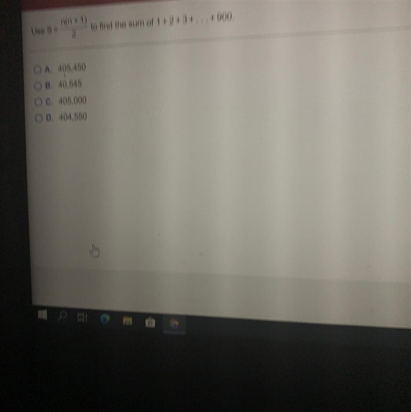 Use the formula S =n(n + 1)2 to find the sum of 1 + 2 + 3 + ... + 900.-example-1