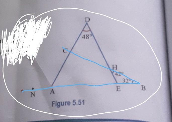 In Figure 5.51 given to the right, m( <ABC) = 32°, m(<BHE) = 42° and m( &lt-example-1