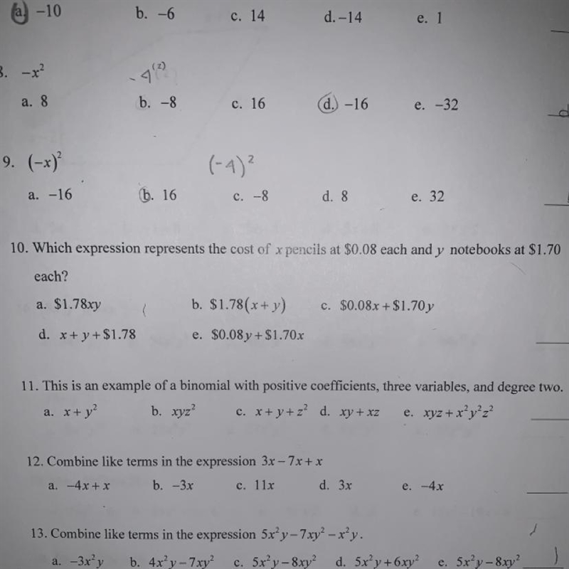 10. Which expression represents the cost of x pencils at $0.08 each and y notebooks-example-1