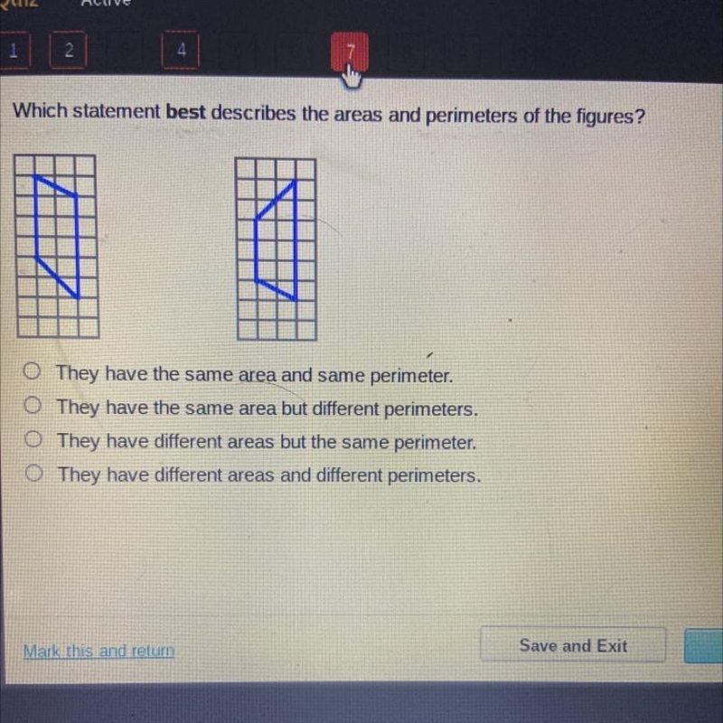 Which statement best describes the areas and perimeters of the figures?-example-1