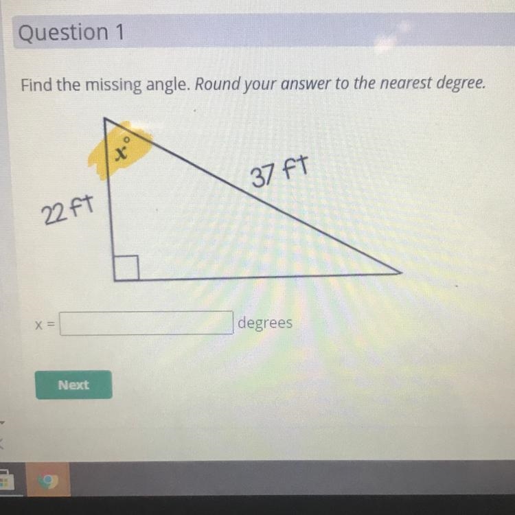 Find the missing angle. Round your answer to the nearest degree. 37 FT 22 ft f x= degrees-example-1