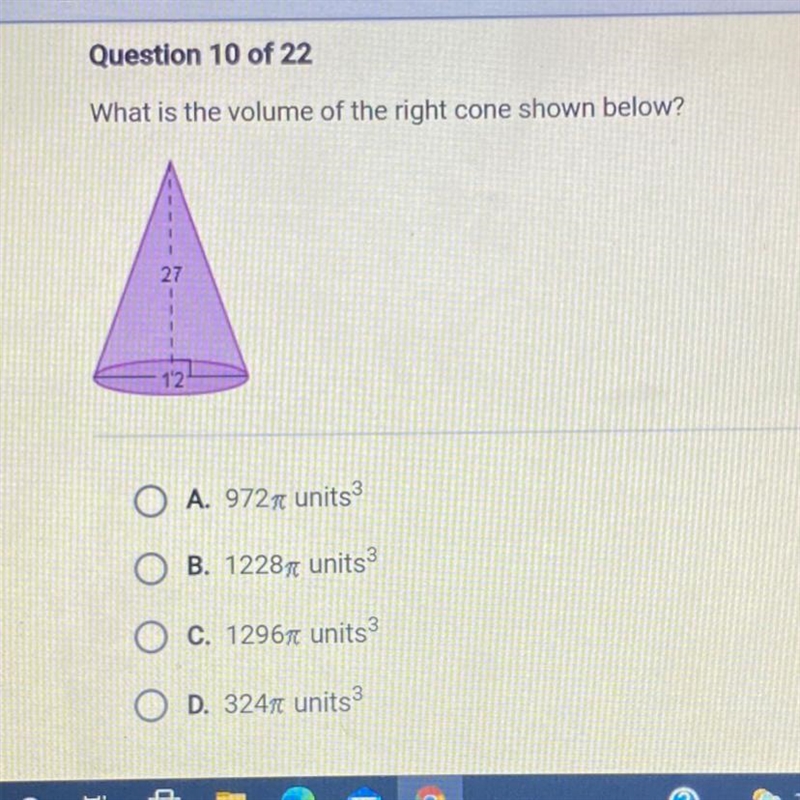 What is the volume of the right cone shown below?-example-1