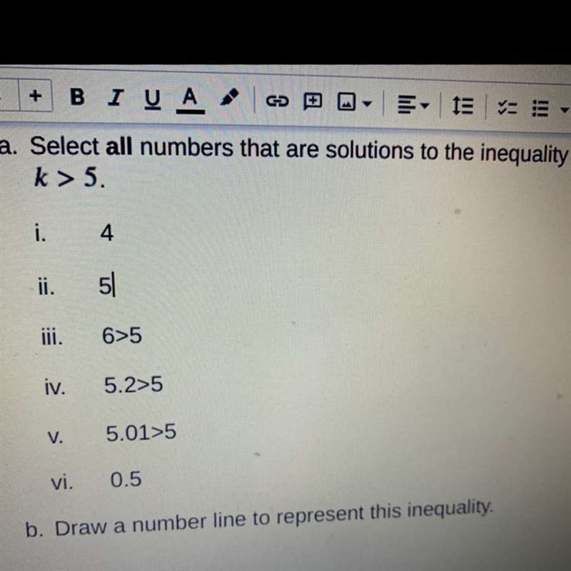 Select all the numbers that are solutions to the inequality 4,5,,6>5,5.2>5,5.01&gt-example-1