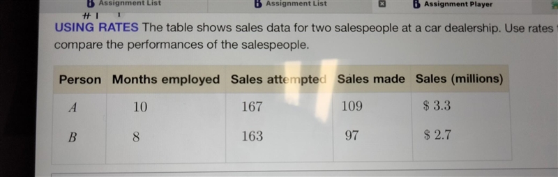 The table shows sales data for two sales people at a car dealership. Use rates to-example-1