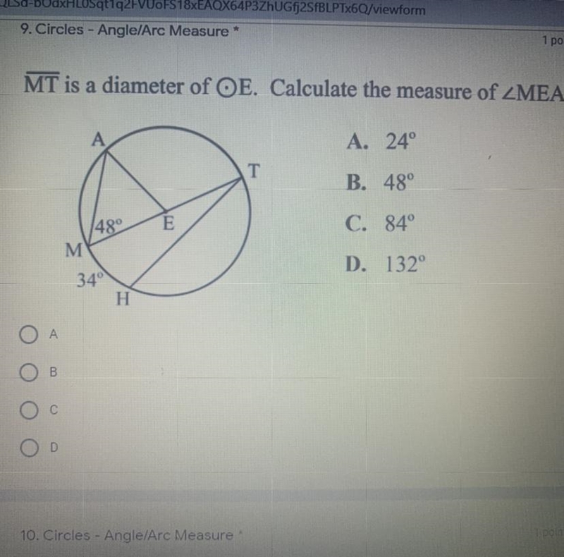 MT is a diameter of OE. Calculate the measure of ZMEA. A. 24° B. 48° C. 84° D. 132 NEED-example-1