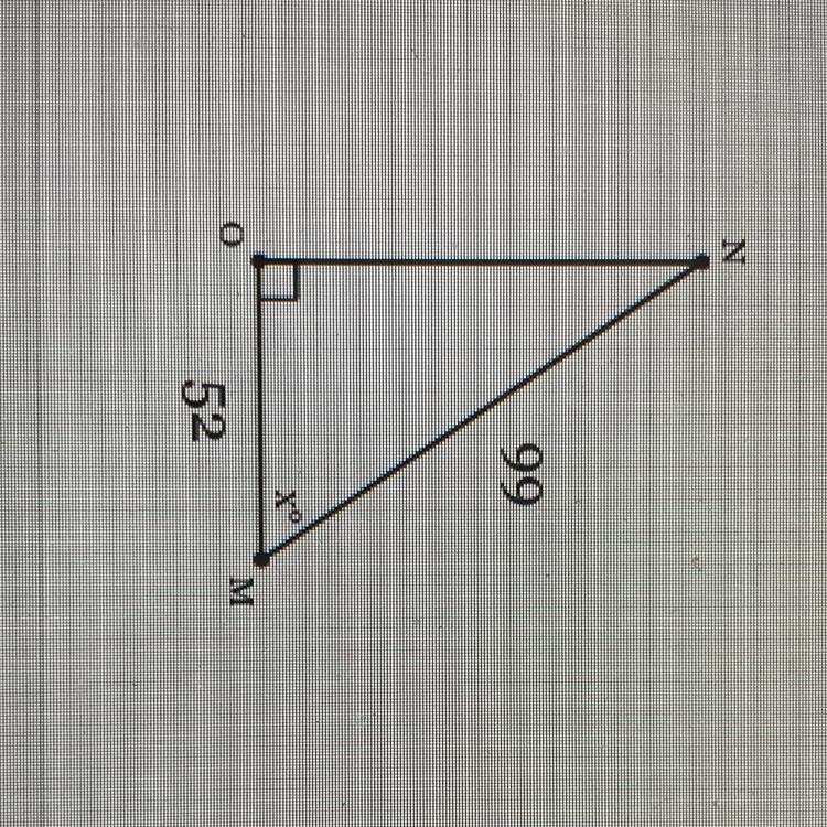 In AMNO, the measure of 20=90°, MN = 99 feet, and OM = 52 feet. Find the measure of-example-1