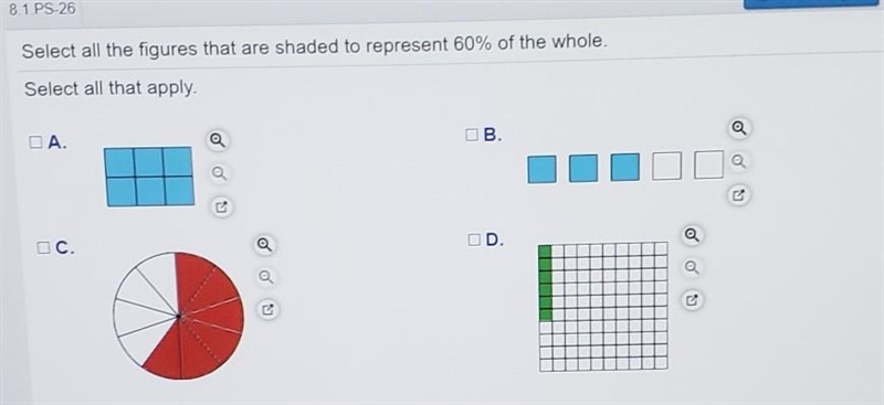 Select all the figures that are shaded to represent 60% of the whole. Select all that-example-1