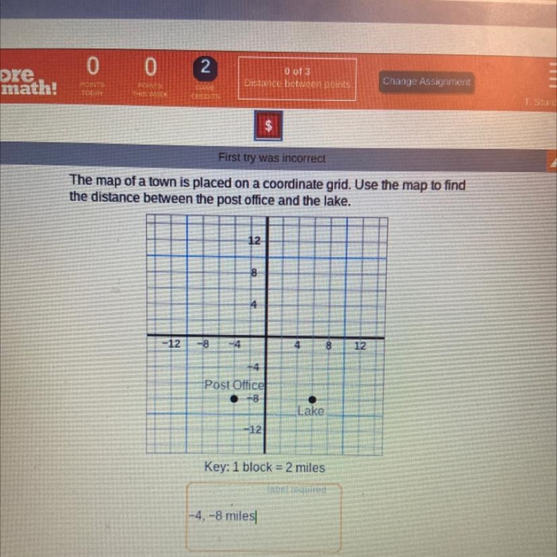 The map of a town is placed on a coordinate grid. Use the map to find the distance-example-1