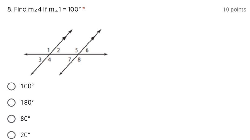 Find m∠4 if m∠1 = 100°-example-1