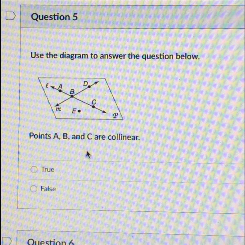 Use the diagram to answer the question below. Points A, B, and C are collinear. True-example-1