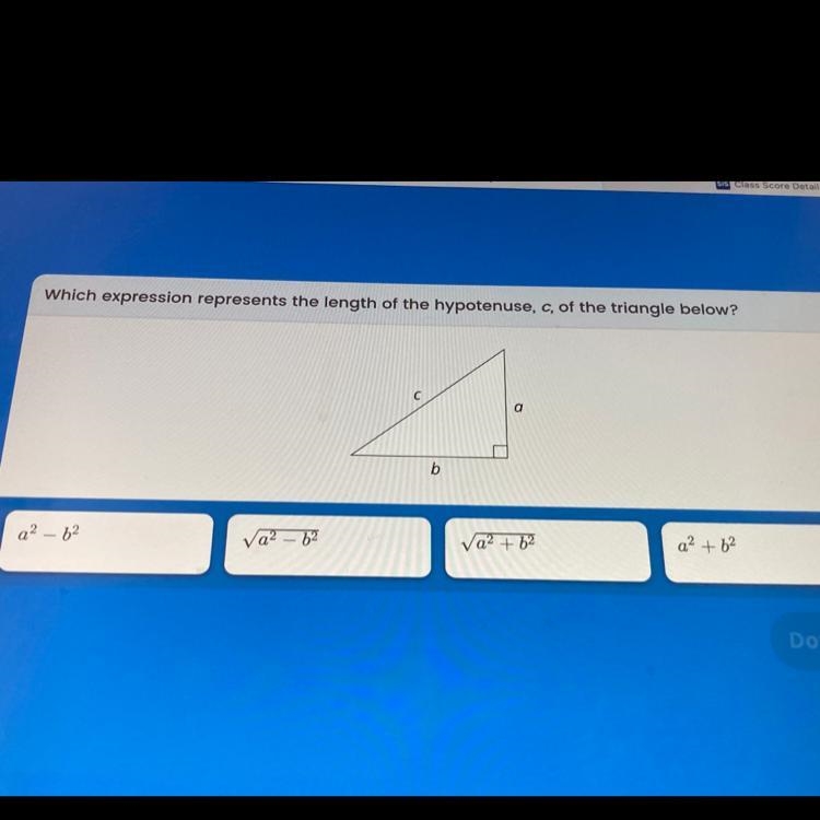 Which expression represents the length of the hypotenuse, c, of the triangle below-example-1