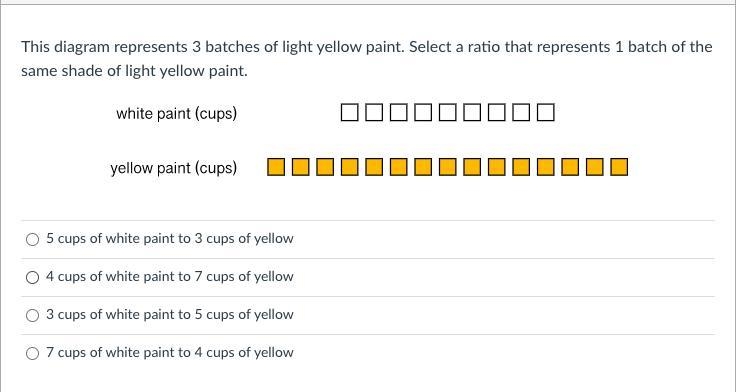 This diagram represents 3 batches of light yellow paint. Select a ratio that represents-example-1