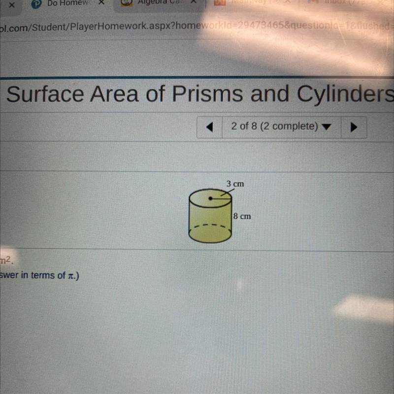 3 cm 8 cm Find surface area of cylinder-example-1