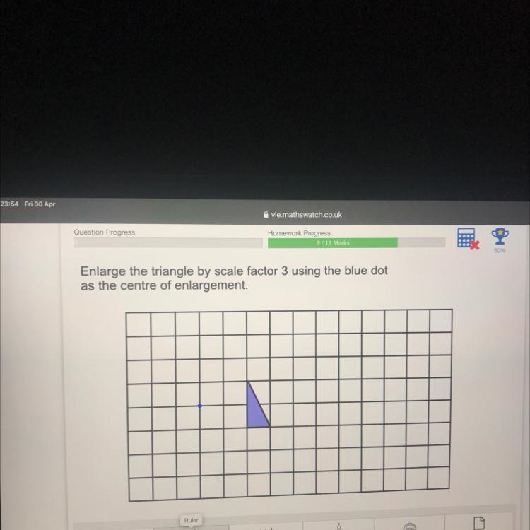 Enlarge the triangle by scale fador 3 using the blue det as the centre of enlargement-example-1