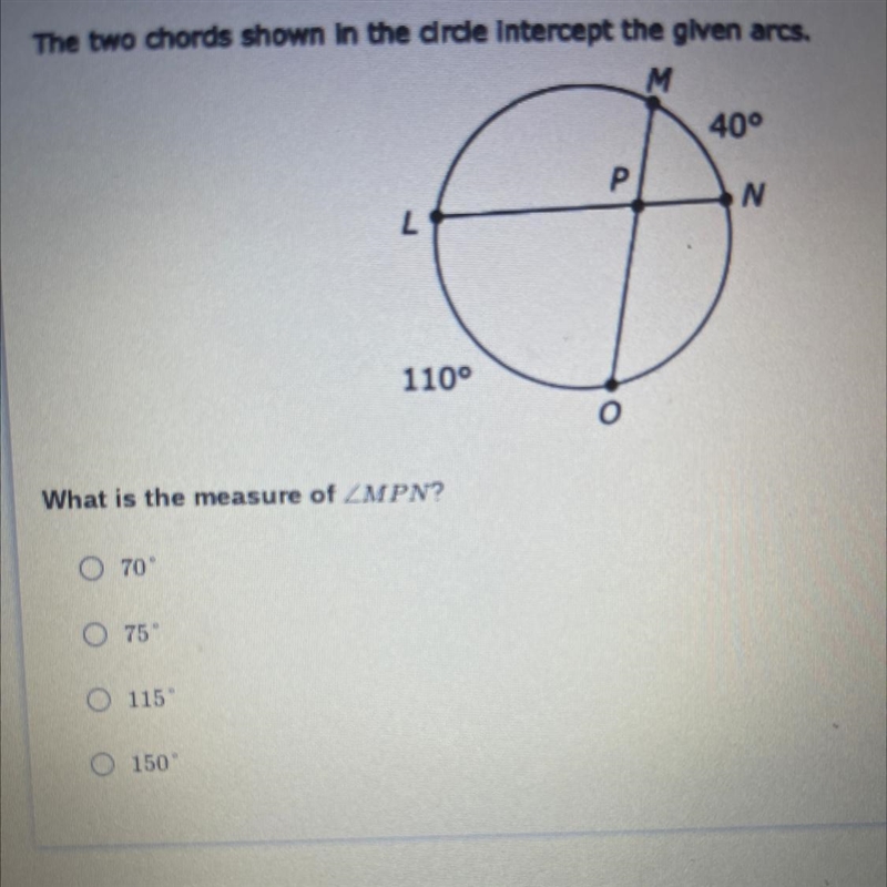 The two chords shown in the circle intercept the given arcs. What is the measure of-example-1