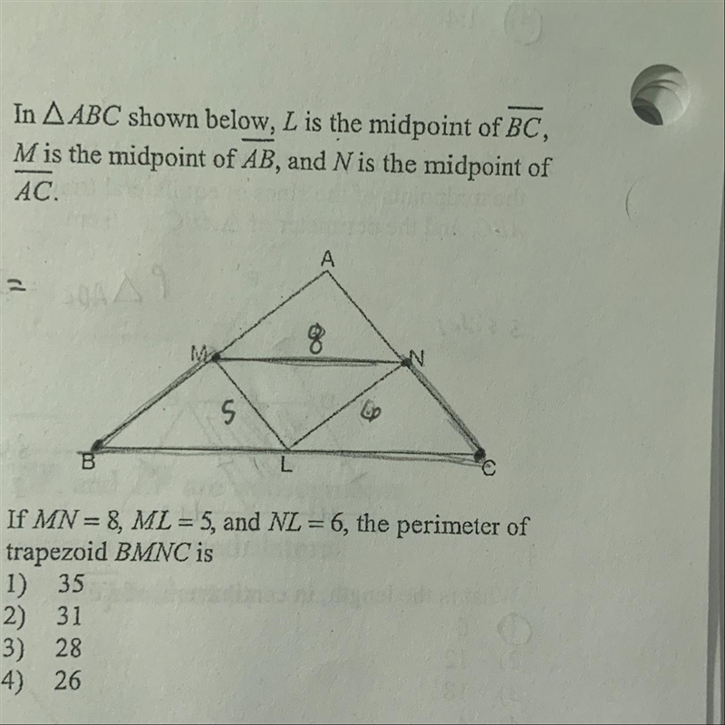 in triangle ABC shown below, L is the midpoint of BC, M is the midpoint of AB, and-example-1