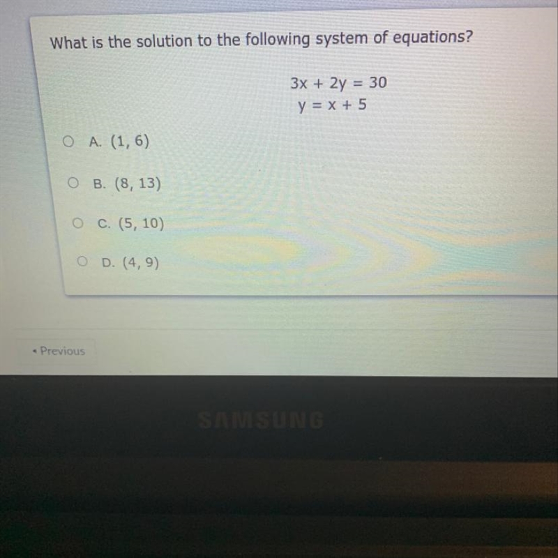 What is the solution to the following system of equations? 3x + 2y = 30 y = x + 5-example-1