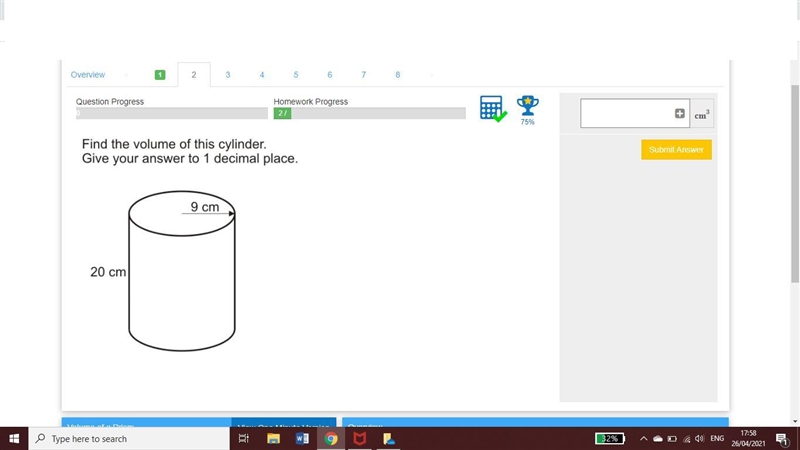 Find the volume of this cylinder. give your answer to 1 decimal place.-example-1