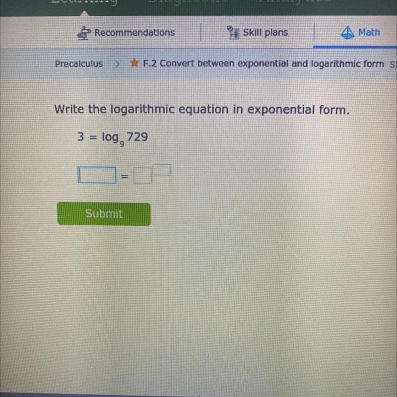 HELP! Write the logarithmic equation in exponential form!-example-1