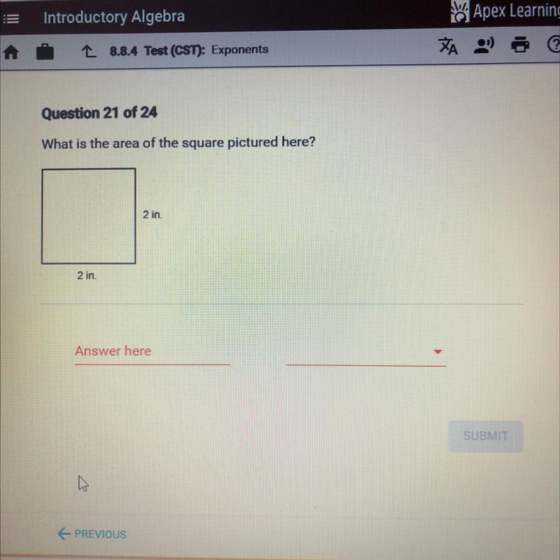 What is the area of the square pictured here? 2 in. 2 in.-example-1