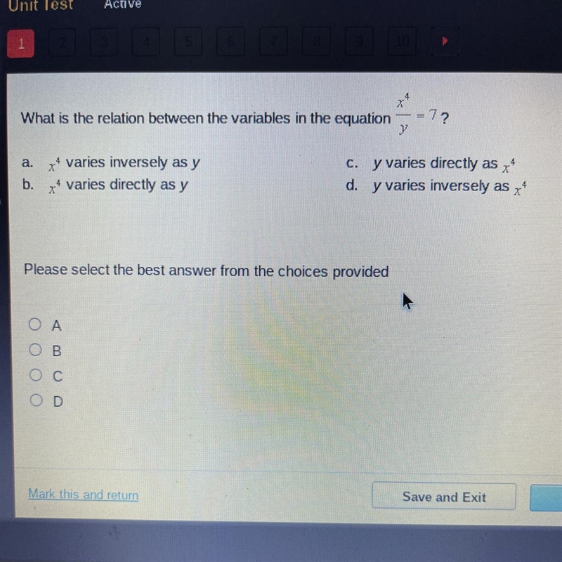 What is the relation between the variables in the equation X^4/y=7? a. x varies inversely-example-1