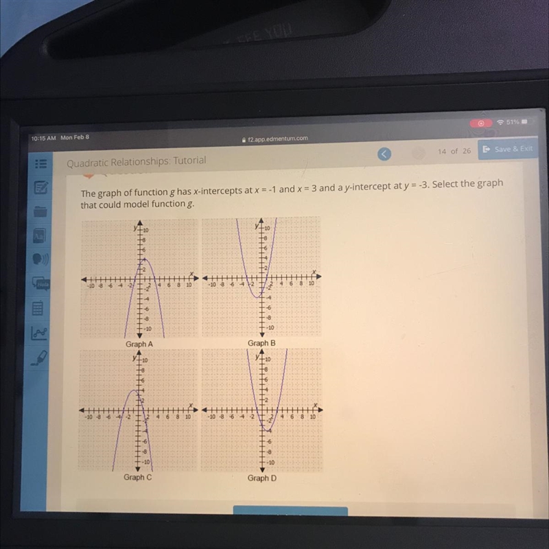 The graph of function g has x-intercepts at x = -1 and x = 3 and a y-intercept at-example-1