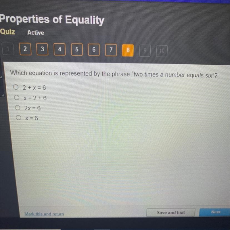 Which equation is represented by the phrase "two times a number equals six&quot-example-1