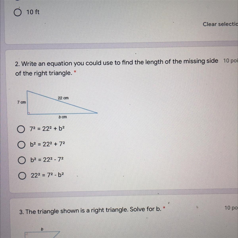 Write an equation you could use to find the length of the missing side of the right-example-1