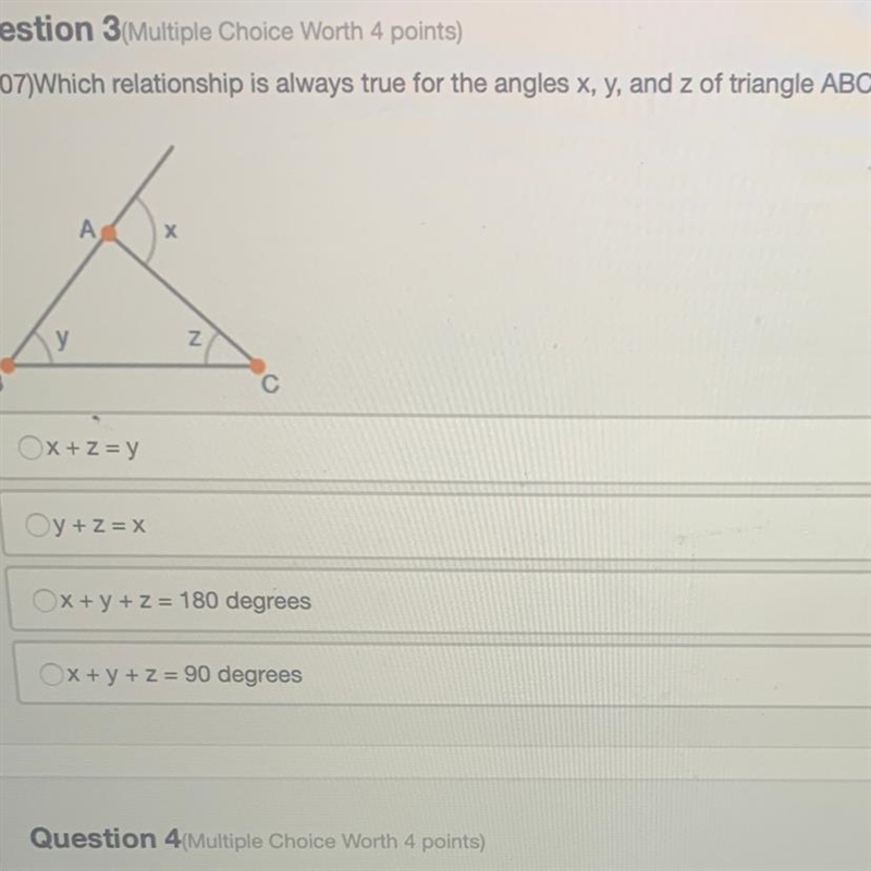 Which relationship is always true for the angles x,y and z of triangle ABC-example-1