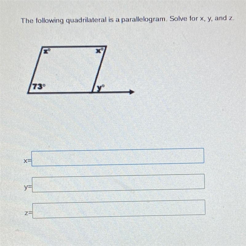 The following quadrilateral is a parallelogram. Solve for x, y, and z.-example-1