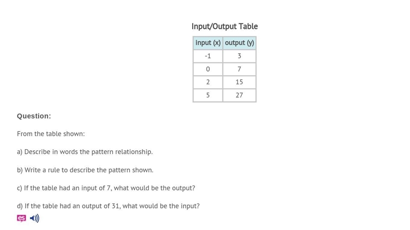 From the table shown a) Describe in words the pattern relationship b) Write a rule-example-1