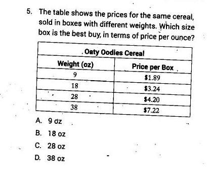 The table shows the prices for the same cereal, sold in different weights. Which size-example-1