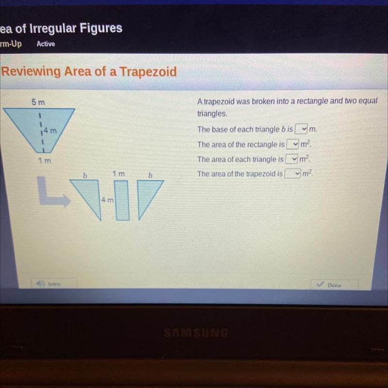 A trapezoid was broken into a rectangle and two equal triangles. The base of each-example-1