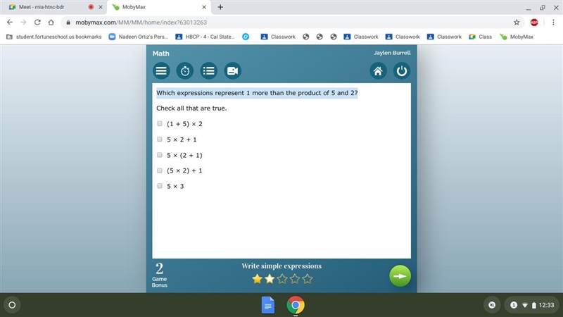 Which expressions represent 1 more than the product of 5 and 2?-example-1