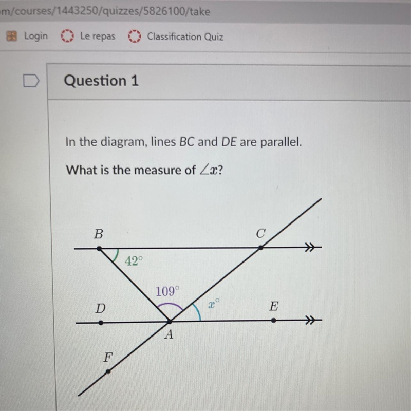 In the diagram, lines BC and DE are parallel. What is the measure of Zx?-example-1