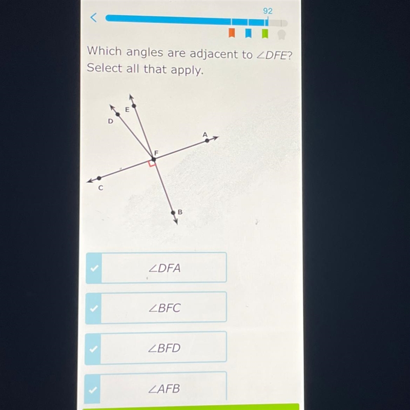 Which angles are adjacent to DFE? Select all that apply.-example-1